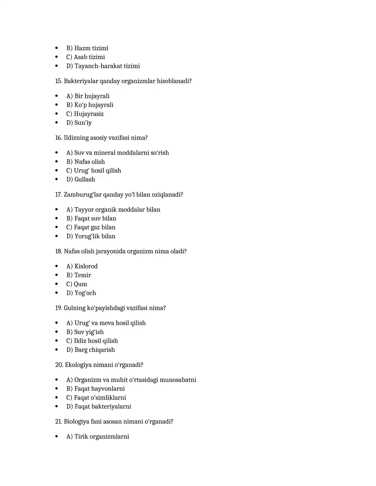 7-sinf Biologiya fanidan 100 ta test 3