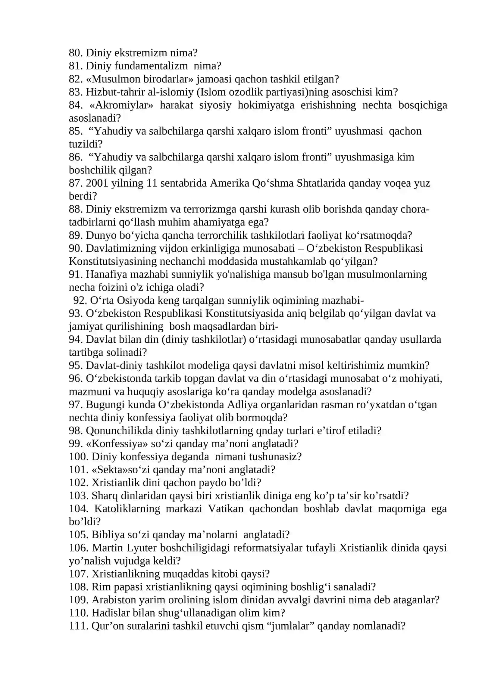 Dinshunoslik fanidan yakuniy nazorat uchun savollar 3