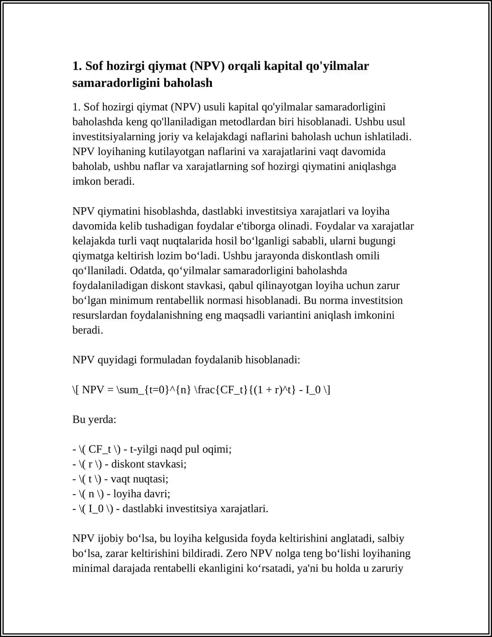 Kapital qo'yilmalar samaradorligini baholash 3