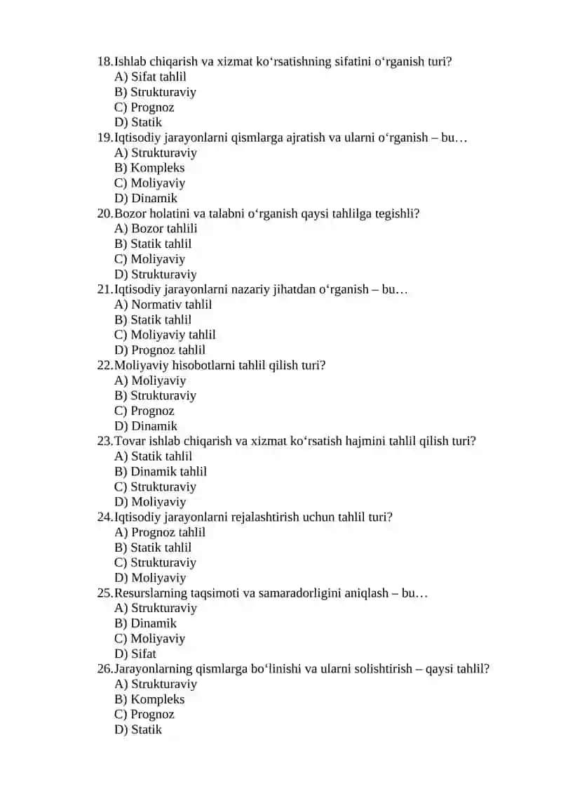 Iqtisodiy jarayonlarning tahlil turlari – 50 ta test savol 3