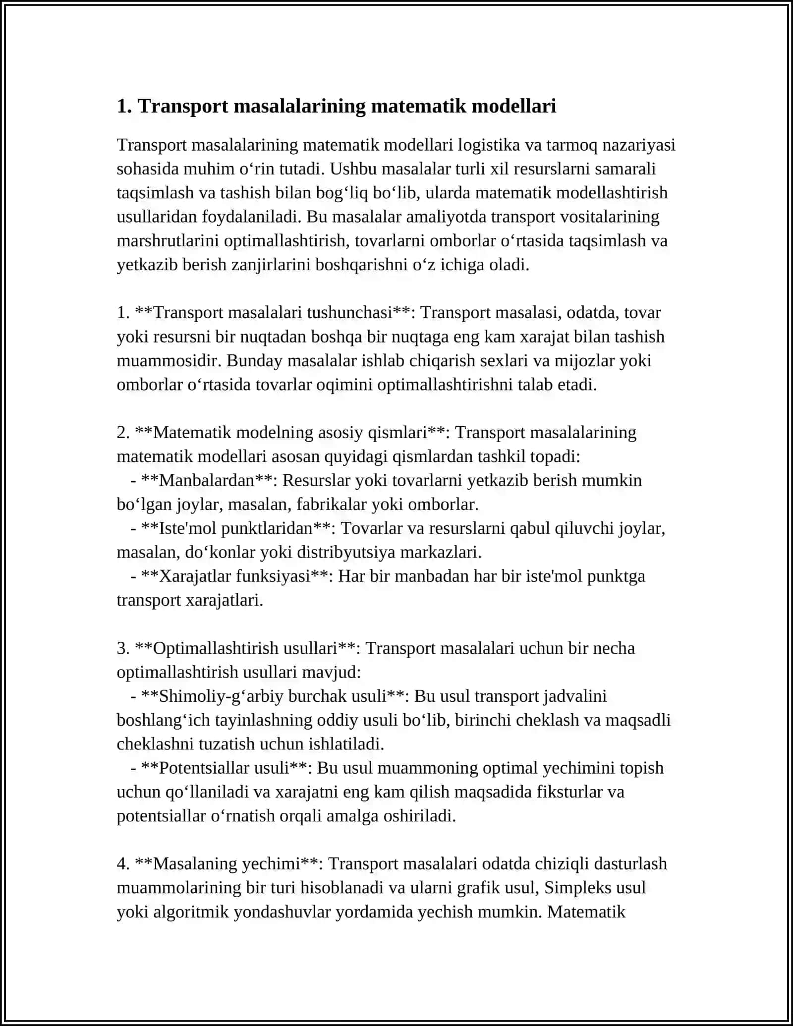 TRANSPORT MASALASINI MODELLASHTIRISH 3