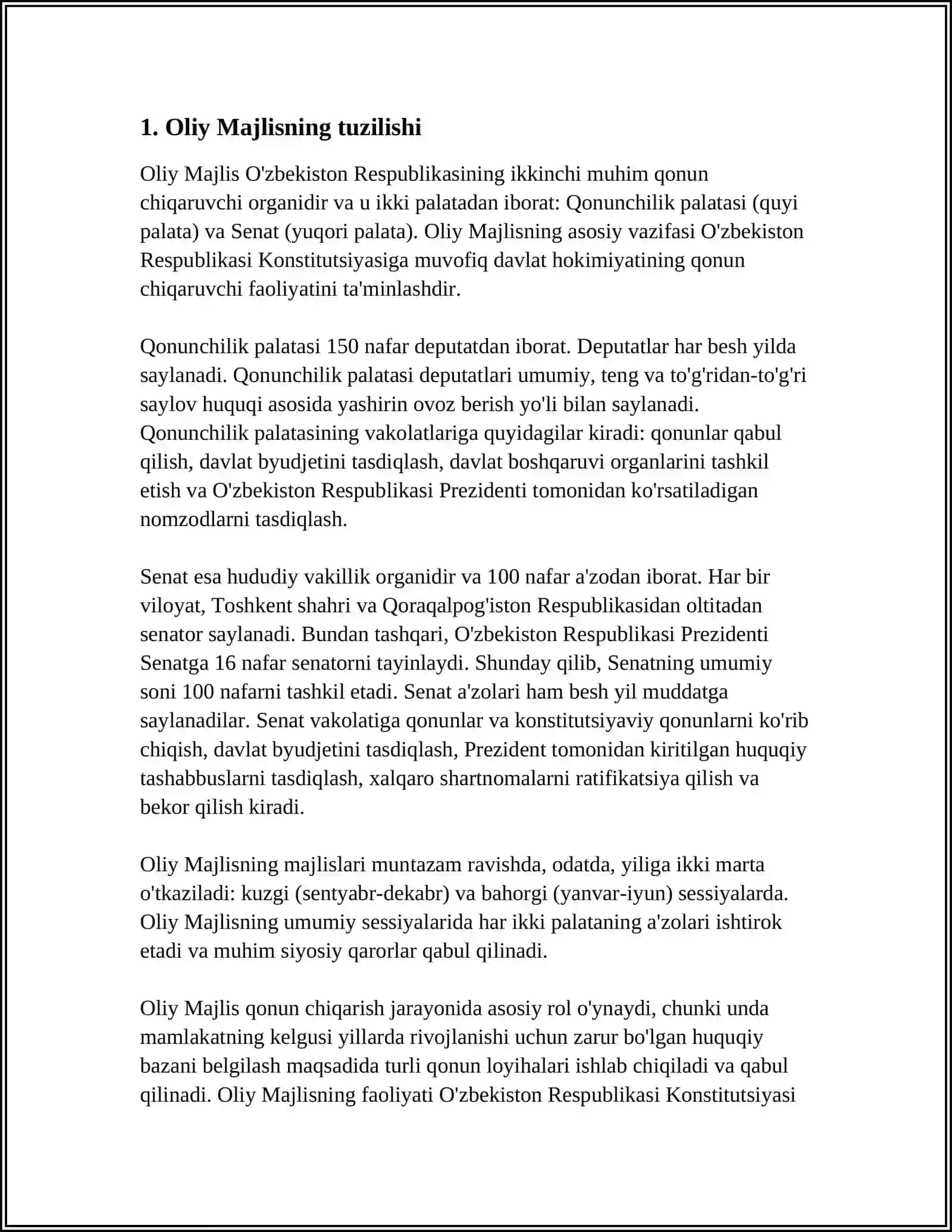 O'zbekiston Respublikasining Oliy Majlisi Referat 3