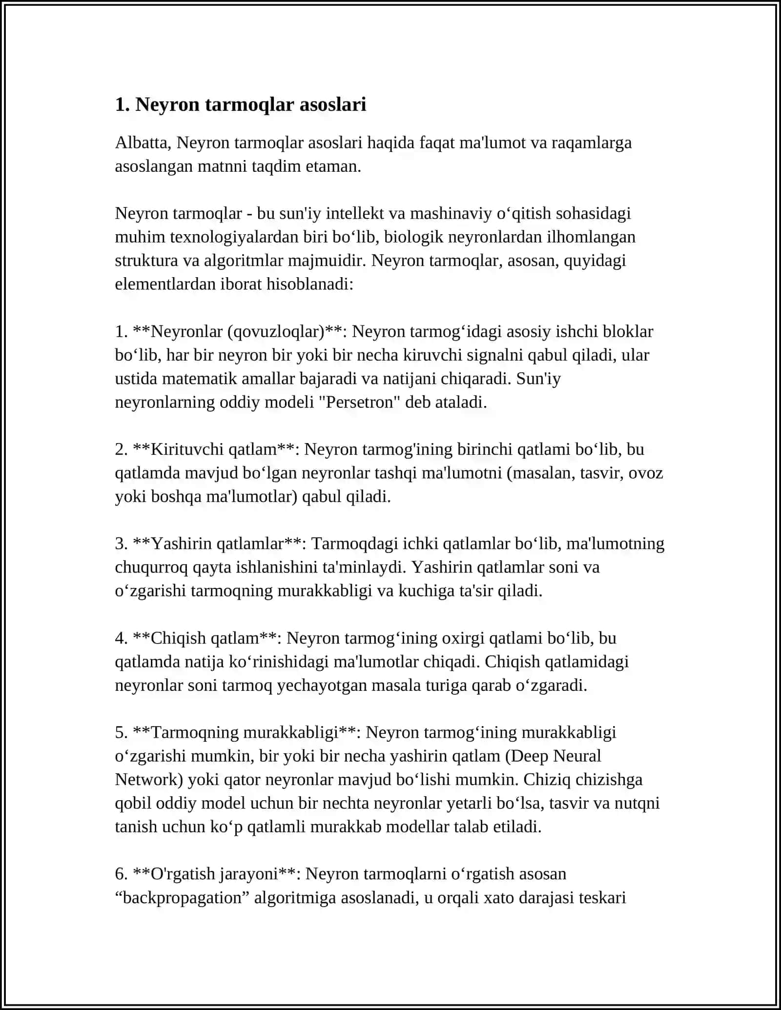 ENG SODDA PERSEPTRONLAR YORDAMIDA BASHORATLASH ALGORITMINI ISHLAB CHIQISH 3