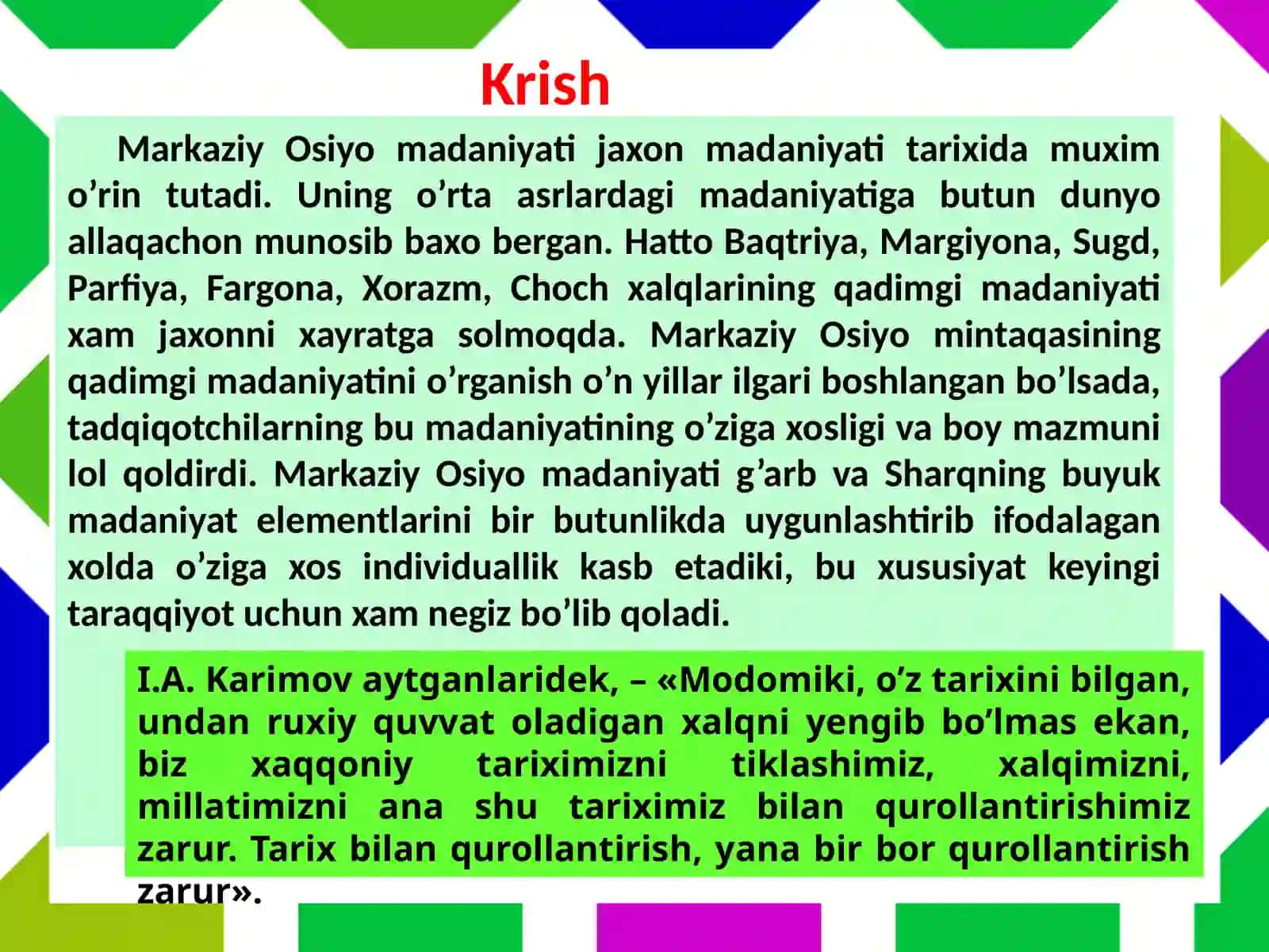 Krish Markaziy Osiyomadaniyati 3