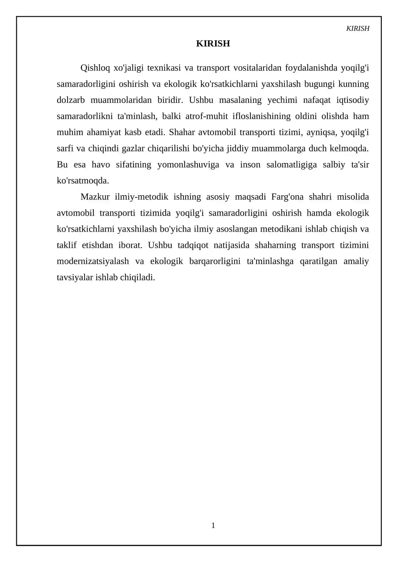 Shahar avtomobil transporti tizimida yoqilg‘i samaradorligini oshirish va ekologik ko‘rsatkichlarni yahshilash. (Farg‘ona shahri misolida) 3