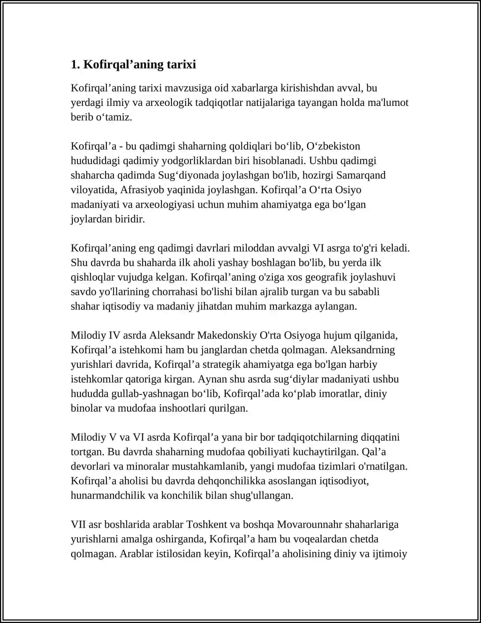 SAMARQANDDAGI KOFIRQALʼA MADANIY YODGORLIGI HAQIDA MAʼLUMOT 3
