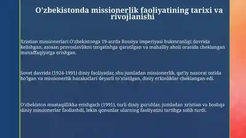 O'zbekistonda missionerlik faoliyati: Tarix, shakllari va ta'siri 3