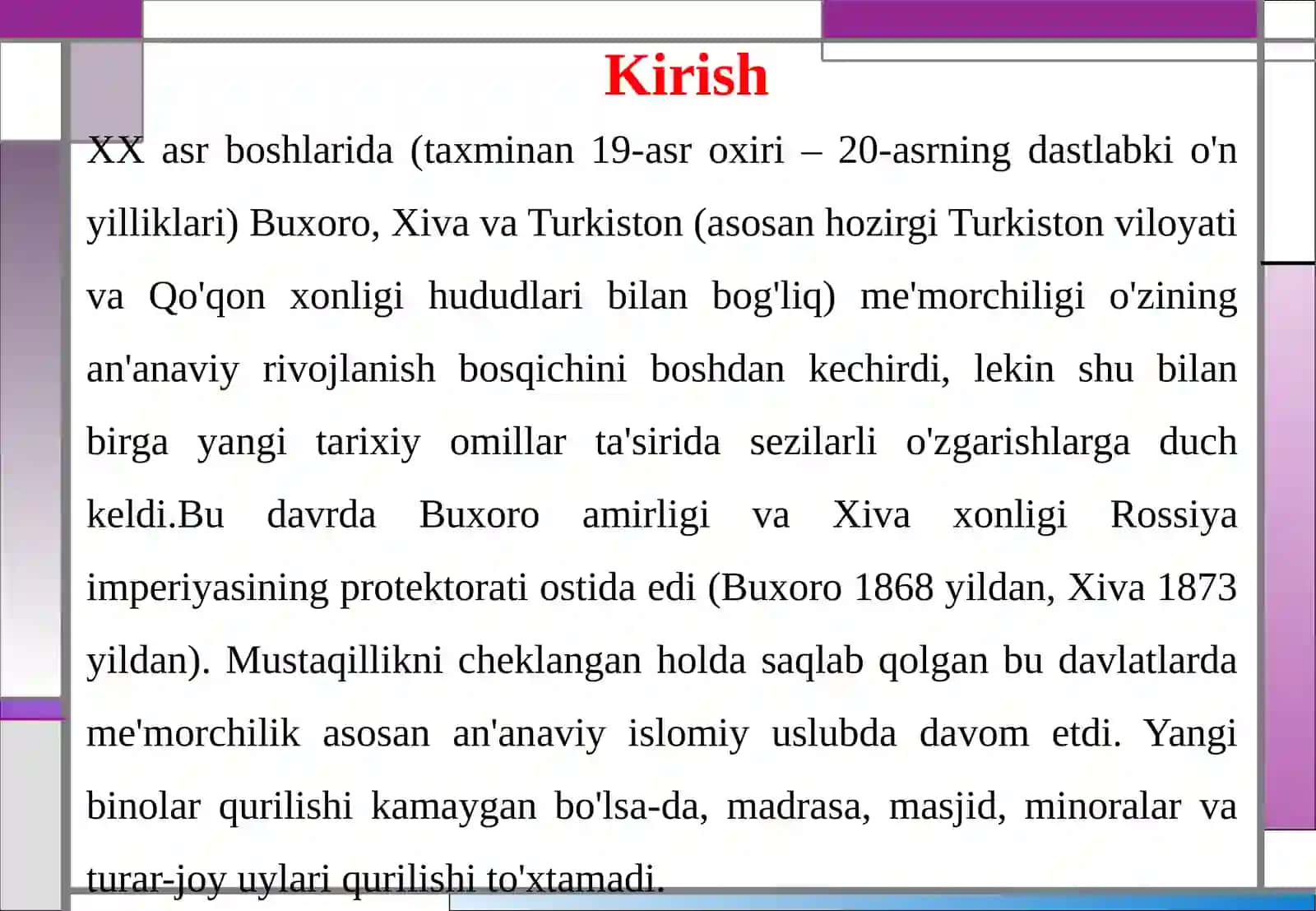 XX ASR BOSHLARIDA BUXORO, XIVA VA TURKISTONDA ME’MORCHILIK 3