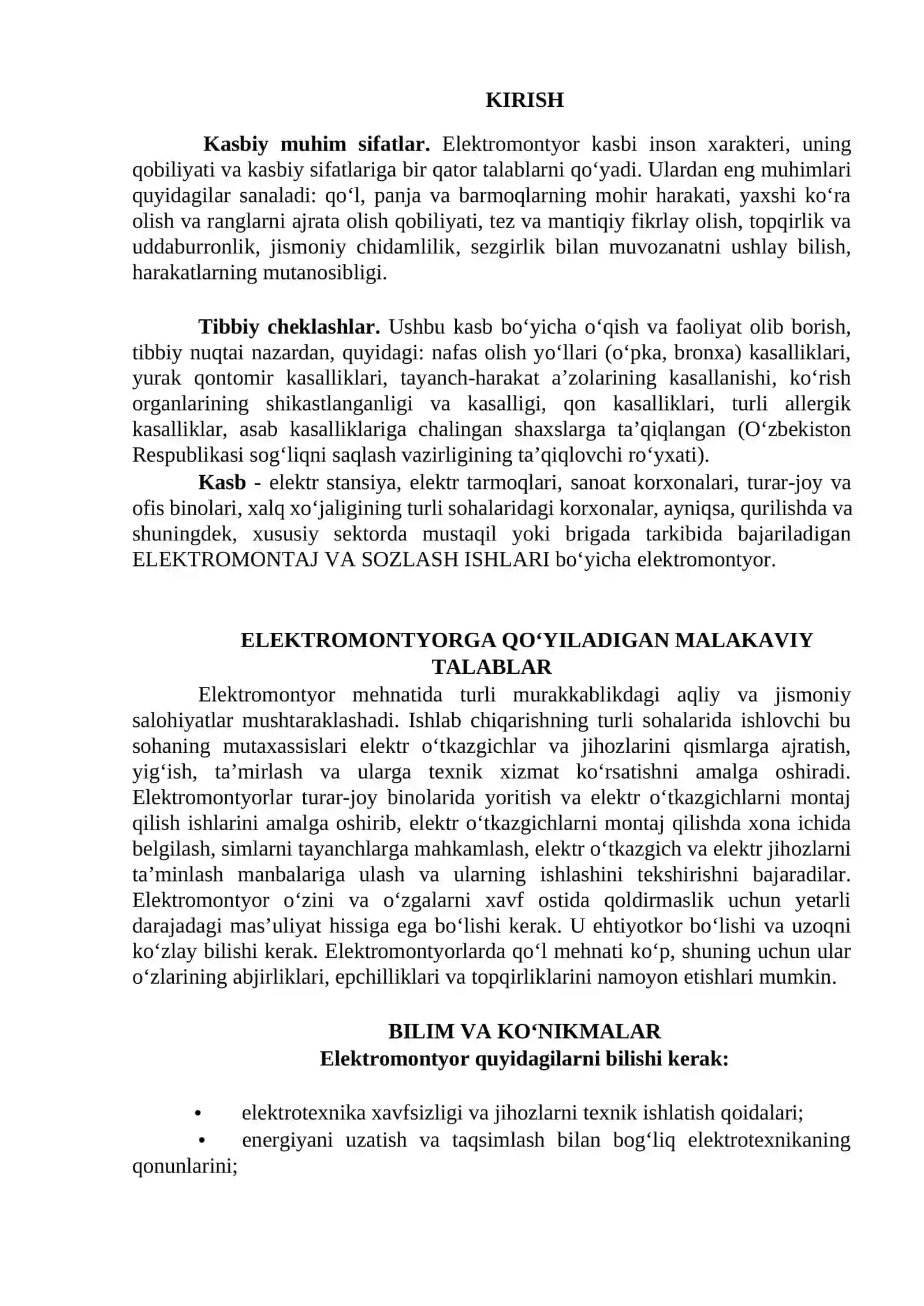 ELEKTROMONTAJ VA SOZLASH ISHLARI O‘QUV AMALIYOTI O‘QITISH MATERIALLARI TO‘PLAMI 3