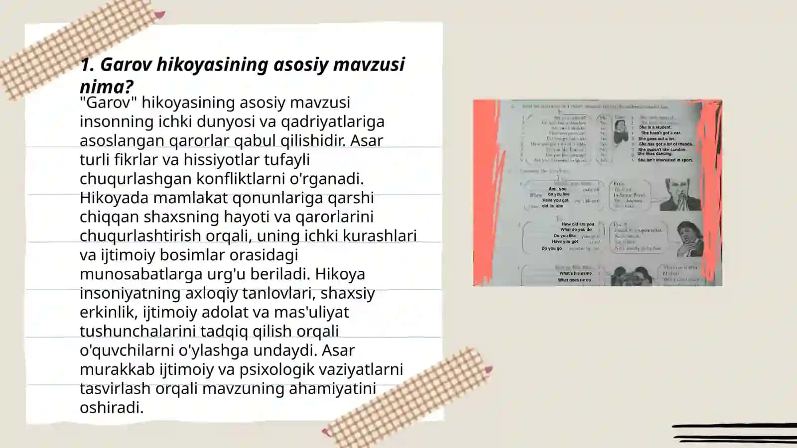 Garov hikoyasi bo'yicha o'quv tahlilga oid savollar 3