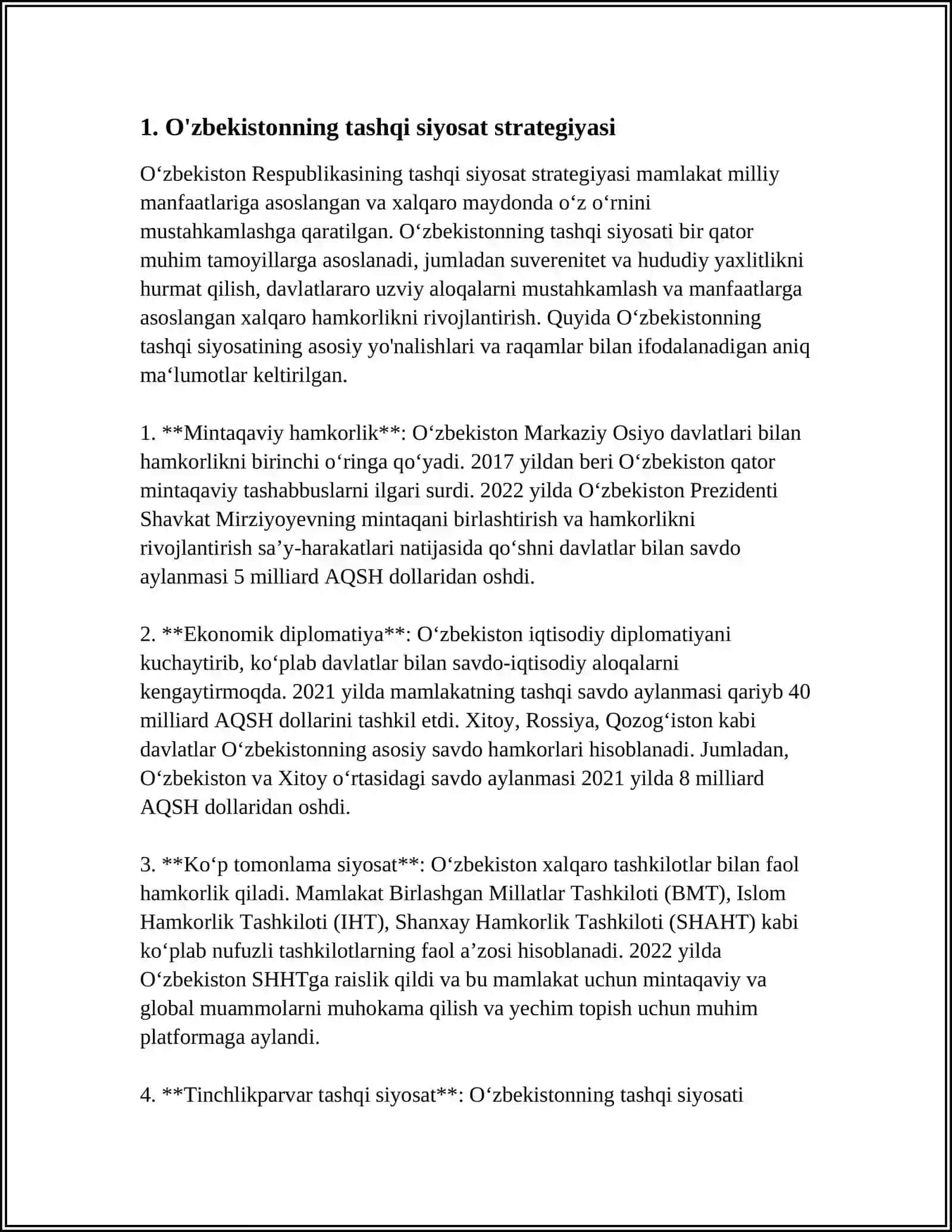 O‘ZBEKISTONNING XALQARO ALOQALARI VA JAHON HAMJAMIYATIDAGI O’RNI 3