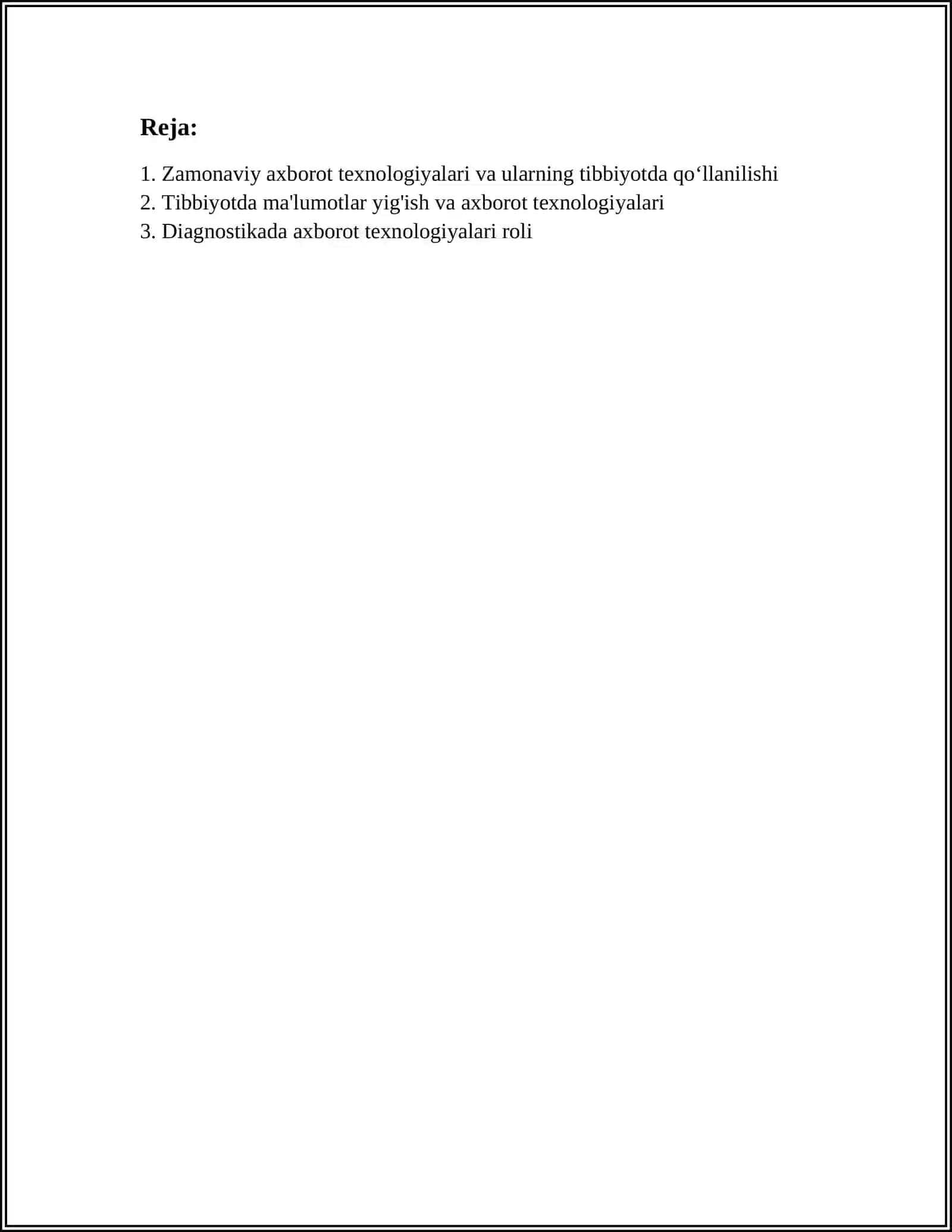 ZAMONAVIY AXBOROT TEXNOLOGIYALARIDAN BUGUNGI KUNDA FOYDALANISH DARAJASI ULARNING TIBBIYOTNING TURLI SOHALARIDA MAʼLUMOTLAR TOʻPLASHDA,DIAGNOSTIKA VA DAVOLASHDA TUTGAN OʻRNI 3