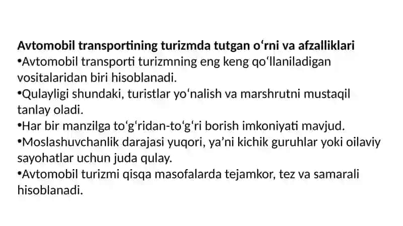 Avtomobil transporti va avtobus turlari turizmda 3