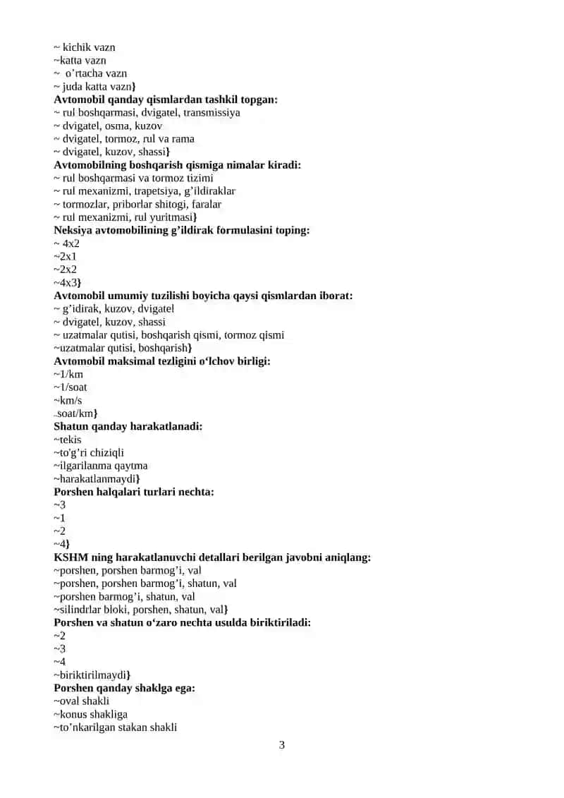 Avtomobil Konstruksiyasi Test Savollari 3