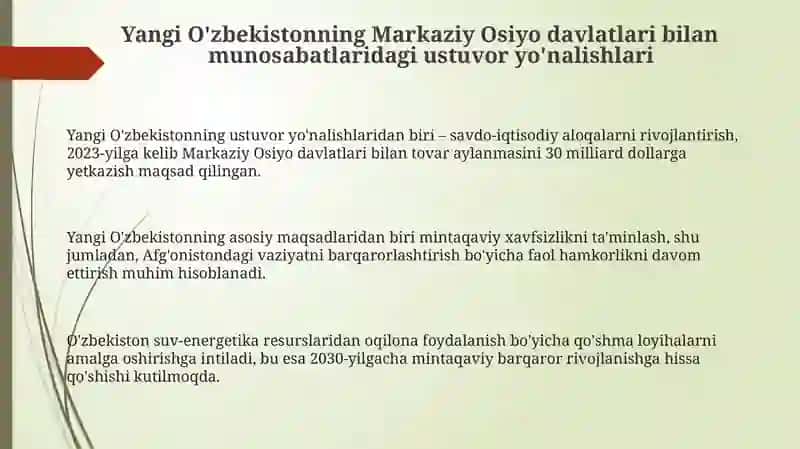 Yangi O'zbekiston orta osiyo davlatlari bilan munosabatlari 3