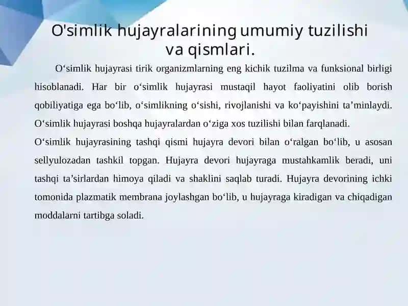 O`simlik hujayrasining tuzilishi va ontogenezi. 3