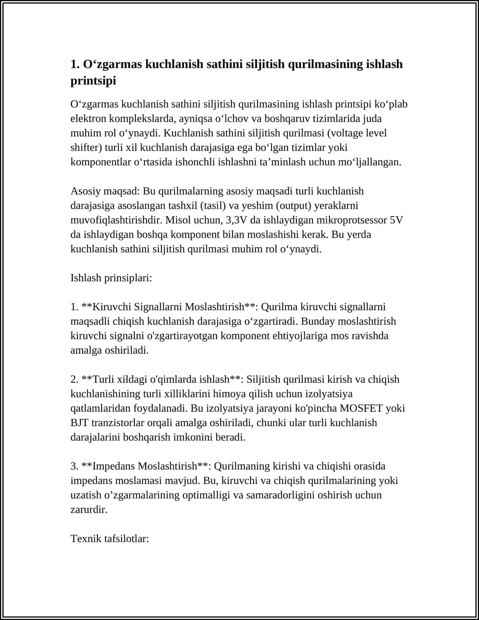 OʼZGARMAS KUCHLANISH SATHINI SILJITISH QURILMASI 3