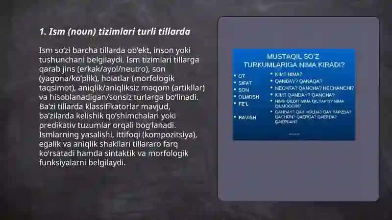 Ism (noun) tizimlari turli tillarda 3