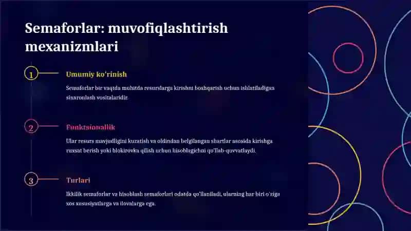Resurslar va ularning tavsifi: Semaforlar va Mutekslar 3