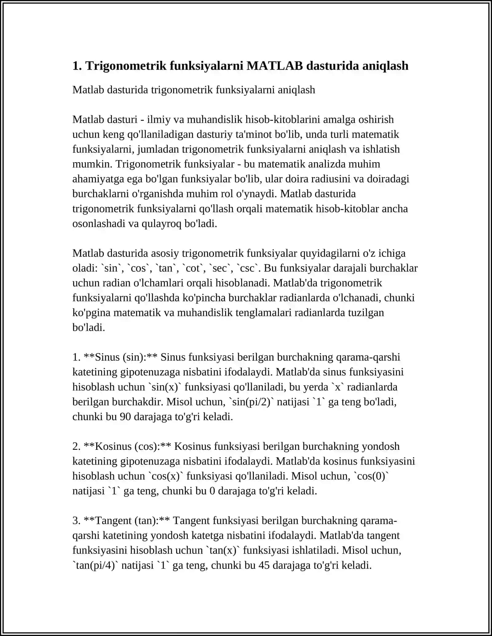 MATLAB DASTURIDA TRIGONOMETRIK FUNKSIYALAR BILAN ISHLASH 3