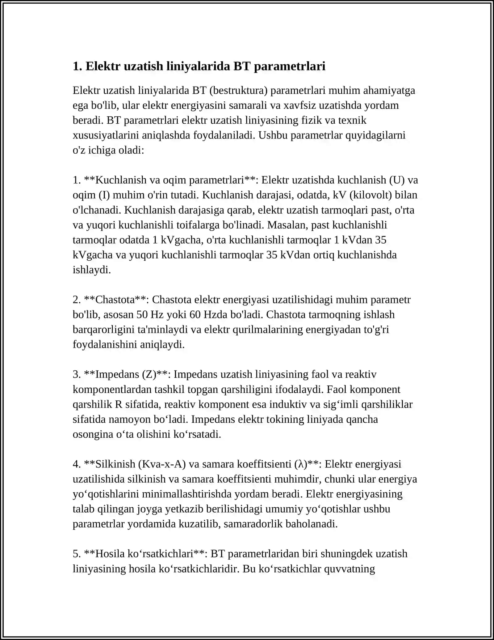 Elektr uzatish liniyalari va BT parametrlari 3