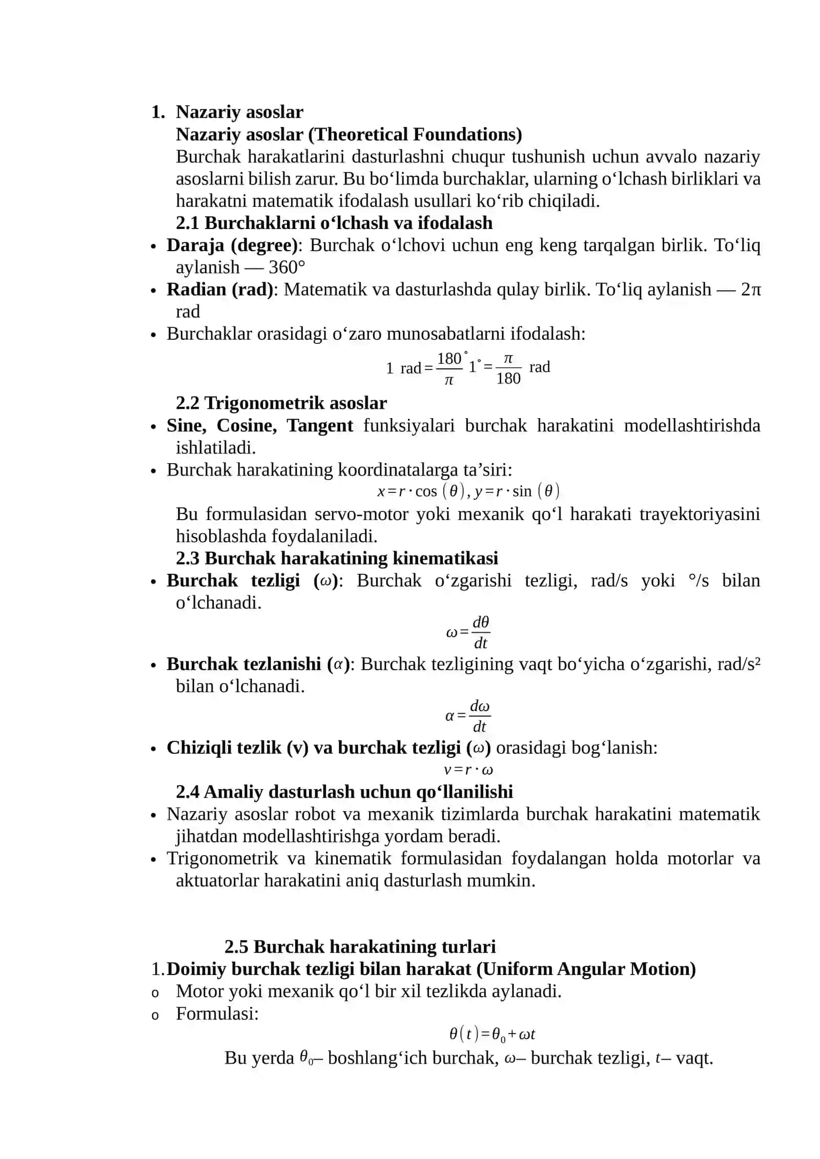 Burchak harakatlarini dasturlash 3