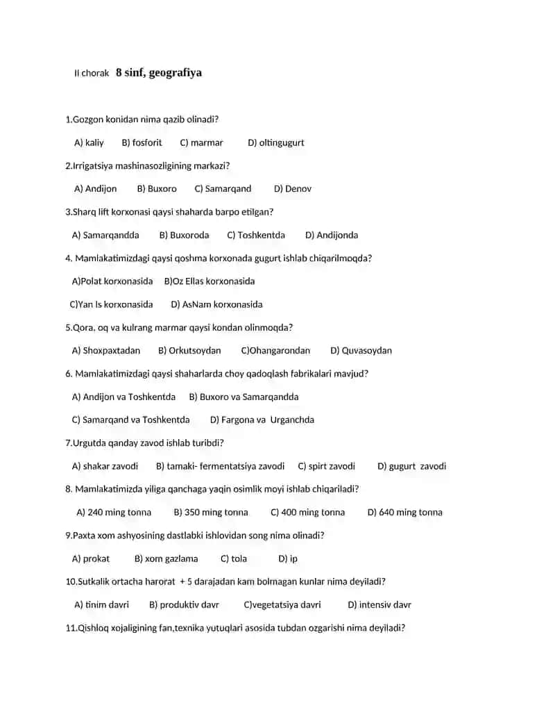 I chorak 8 sinf, geografiya 3