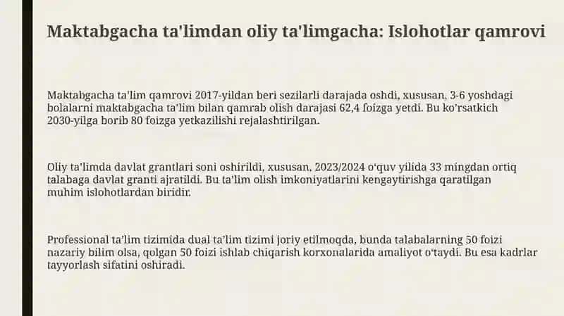 Maktabgacha ta'limdan oliy ta'limgacha: Islohotlar qamrovi 3