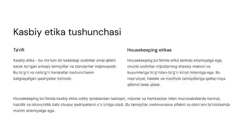 Housekeeping bo'limixodimlarining kasbiyetikasi 3