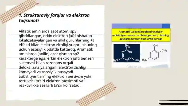 Alifatik va aromatik aminlarning asosiy xossalarini solishtirish 3