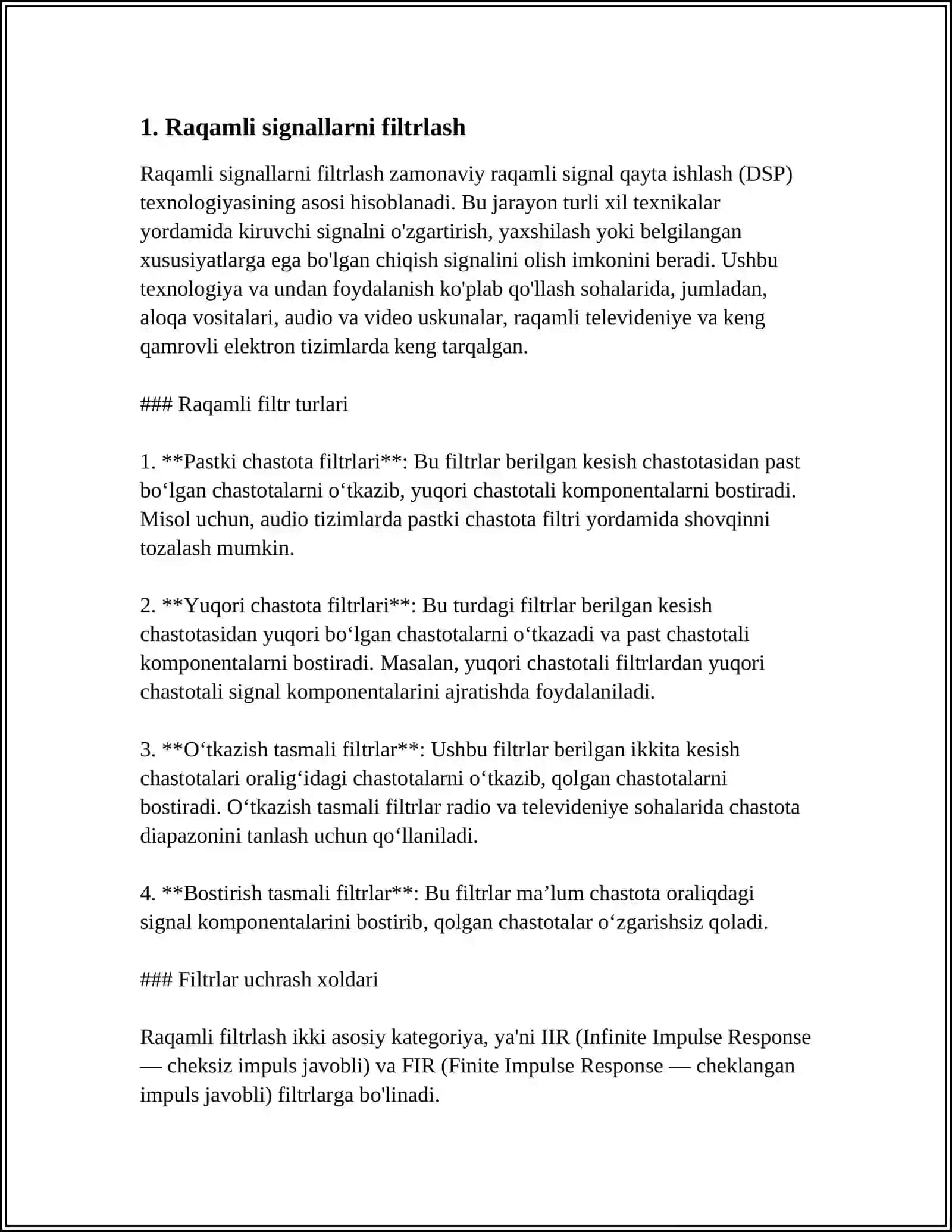 MUSTAQIL ISH Mavzu: SIGNALARNI FILTRLASH ALGORITMLARINI O’RGANISH 3