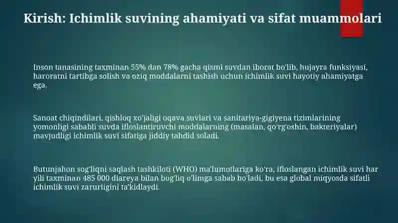 Ichimlik suvi sifatani yaxshilashning asosiy usullari 3