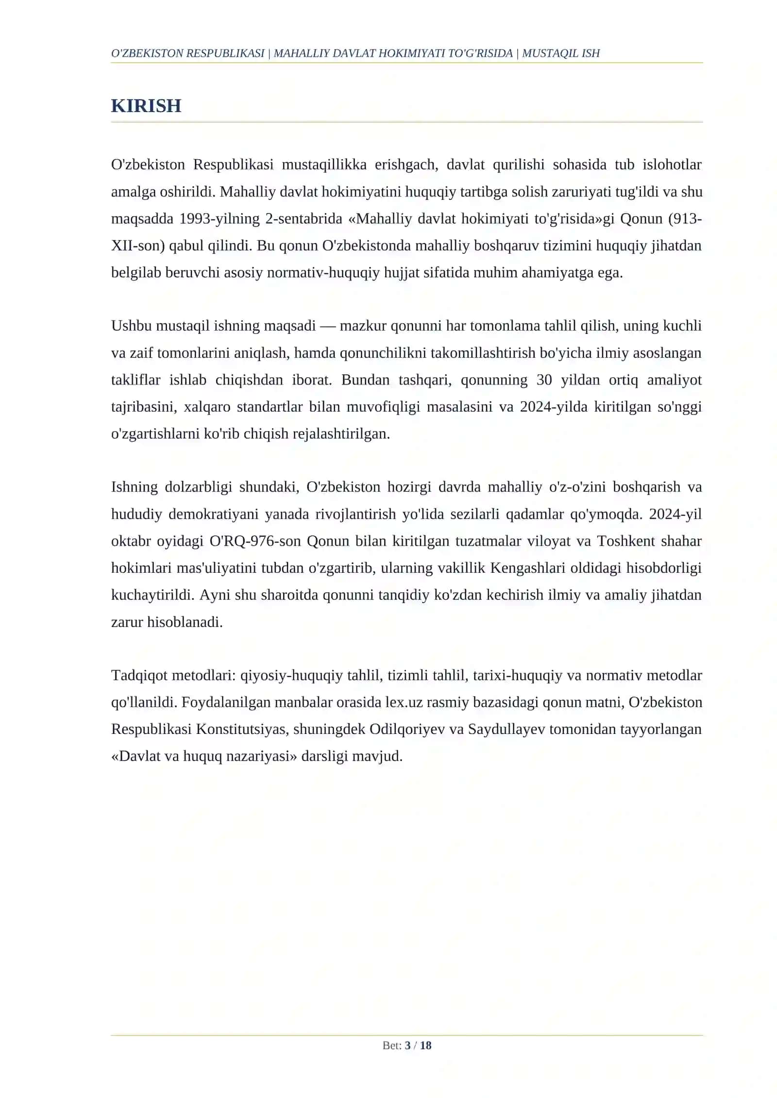 O'ZBEKISTON RESPUBLIKASINING "MAHALLIY DAVLAT HOKIMIYATI TO'G'RISIDA" GI QONUNINING TAHLILI, MUAMMOLARI VA TAKOMILLASHTIRISH YO'LLARI 3