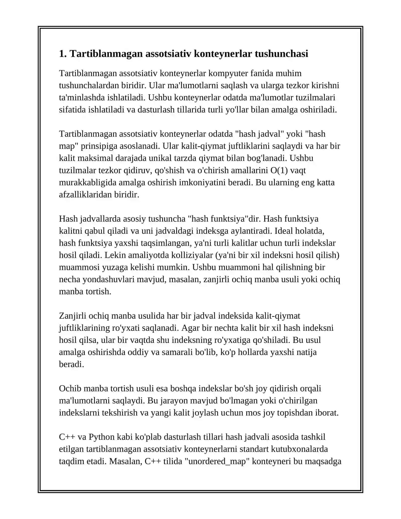 TARTIBLANMAGAN ASSOTSIYATIV KONTEYNERLAR (UNORDERED_SET, UNORDERED_MAP, UNORDERED_MULTISET, UNORDERED_MULTIMAP). 3