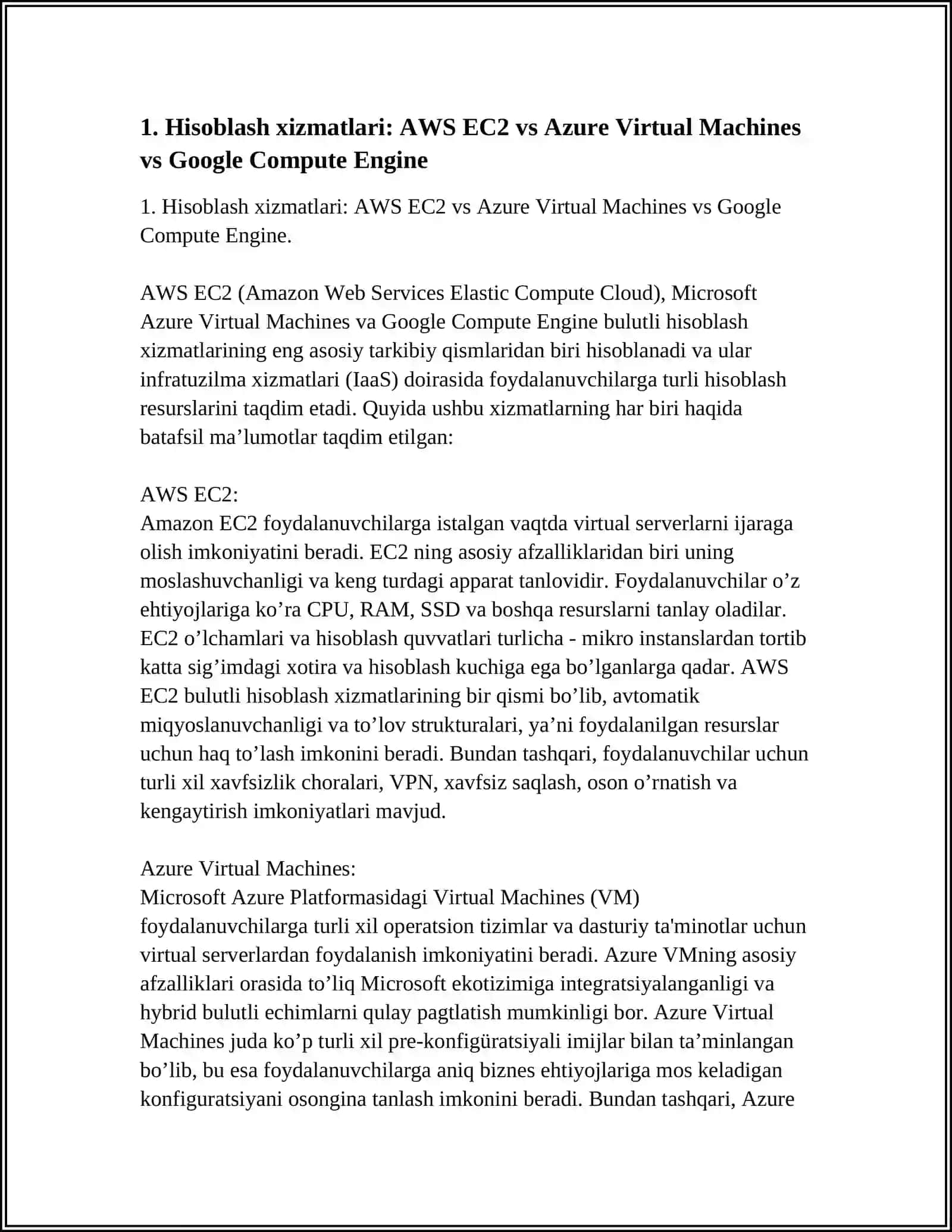 AWS,MICROSOFT AZURE VA GOOGLE CLOUD XIZMATLARINING TAQQOSLANISHI 3
