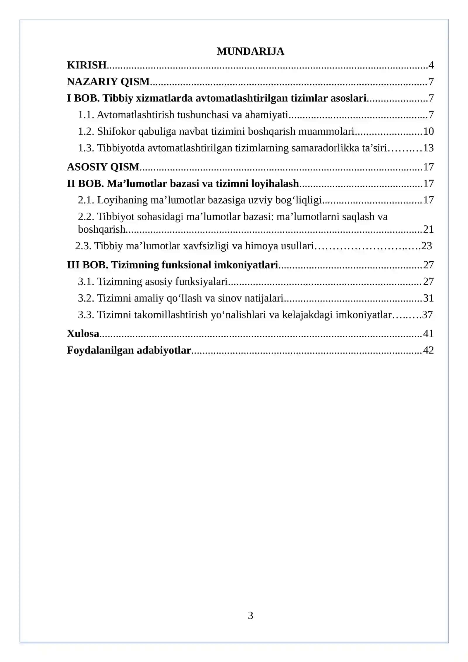 Shifokor qabuliga navbatni avtomatlashtirilgan tizimini ishlab chiqish 3