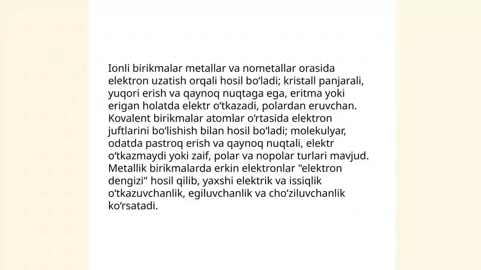 Birikmalar turlari: ionli, kovalent va metallik birikmalar 3