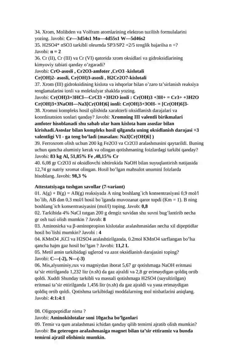 Attestatsiaya tushgan savollar(6-variant) kimyo 3