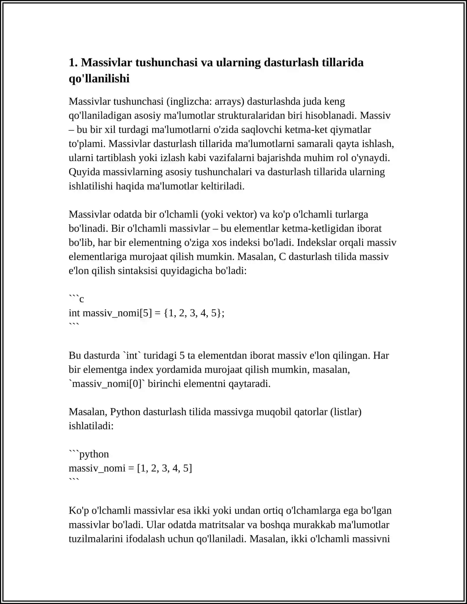 MASSIVLARNI LOYIHALASH 3