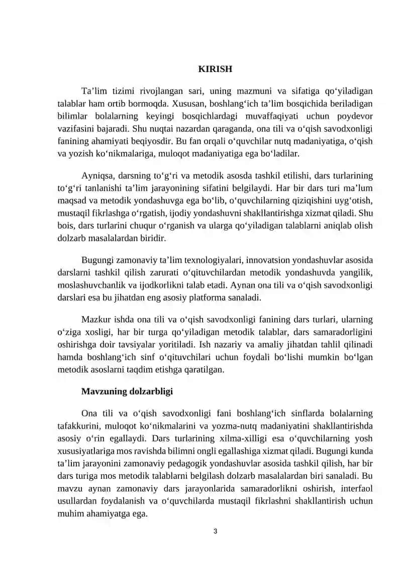 ONA TILI VA OQISH SAVODXONLIGI FANIDAN DARS TURLARI 3