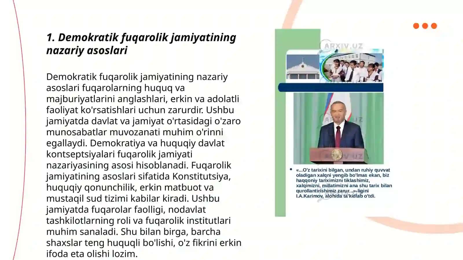 Oʻzbekistonda demokratik fuqarolik jamiyati asoslarining shakllanishi amalga oshirilgan siyosiy islohotlar 3