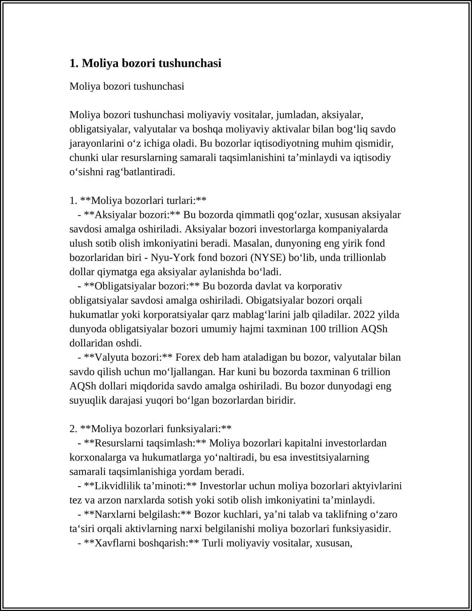 Moliya Bozori va Uning Moliyaviy Resurslarni Shakllantirishdagi Oʻrni 3
