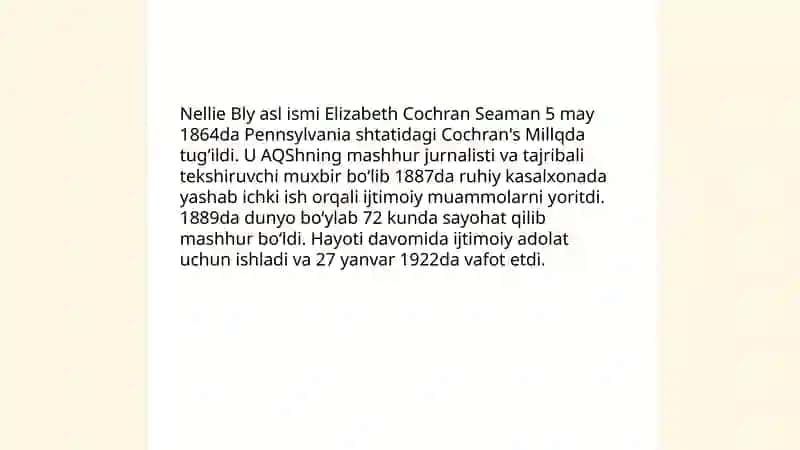 Nellie Bly AQSh jurnalisti haqida ma‘lumot 3