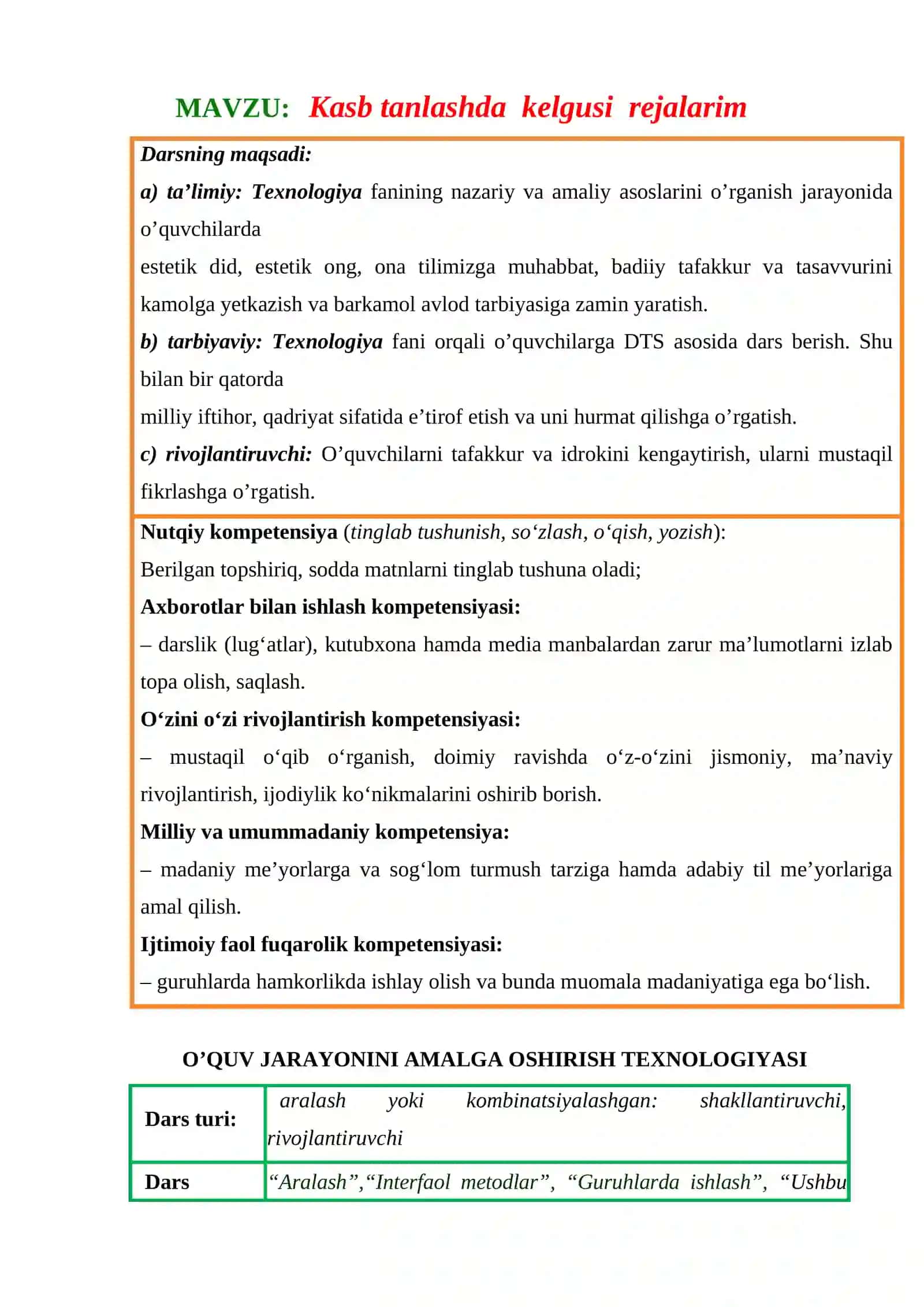 9-sinf Texnologiya fanidan Kasb tanlashda mening kelgusi rejalarim mavzusida ochiq dars ishlanma 3