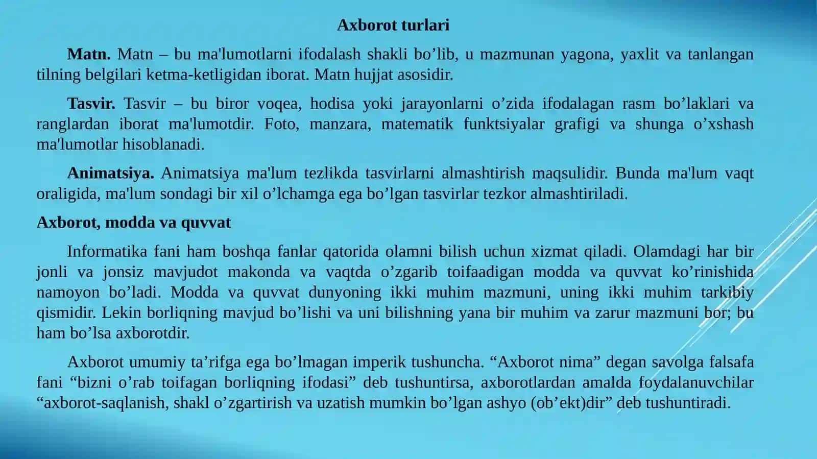 Axborot haqida tushuncha. Axborot turlari. Shaxsiy kompyuterlarining apparat ta'minoti. Kompyuterning asosiy va qo'shimcha qurilmalari 3
