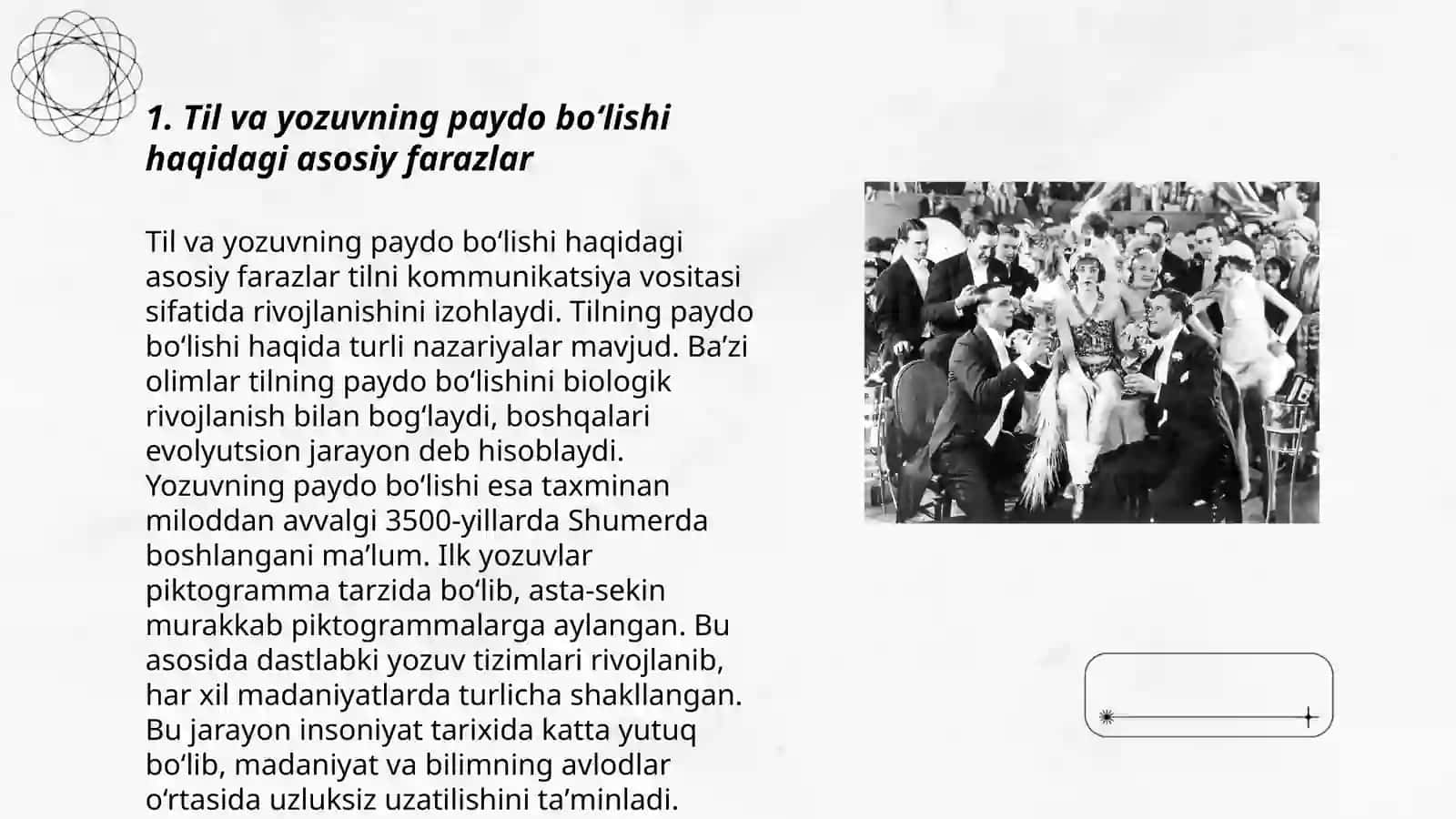 Til va yozuv, ularning paydo bo‘lishi haqidagi farazlar va ularning (piktografik, piktogramma, ideografik-logografik, ieroglifik, fonografik, sillabik yozuv, stenografiya, transkripsiya) shakllari 3