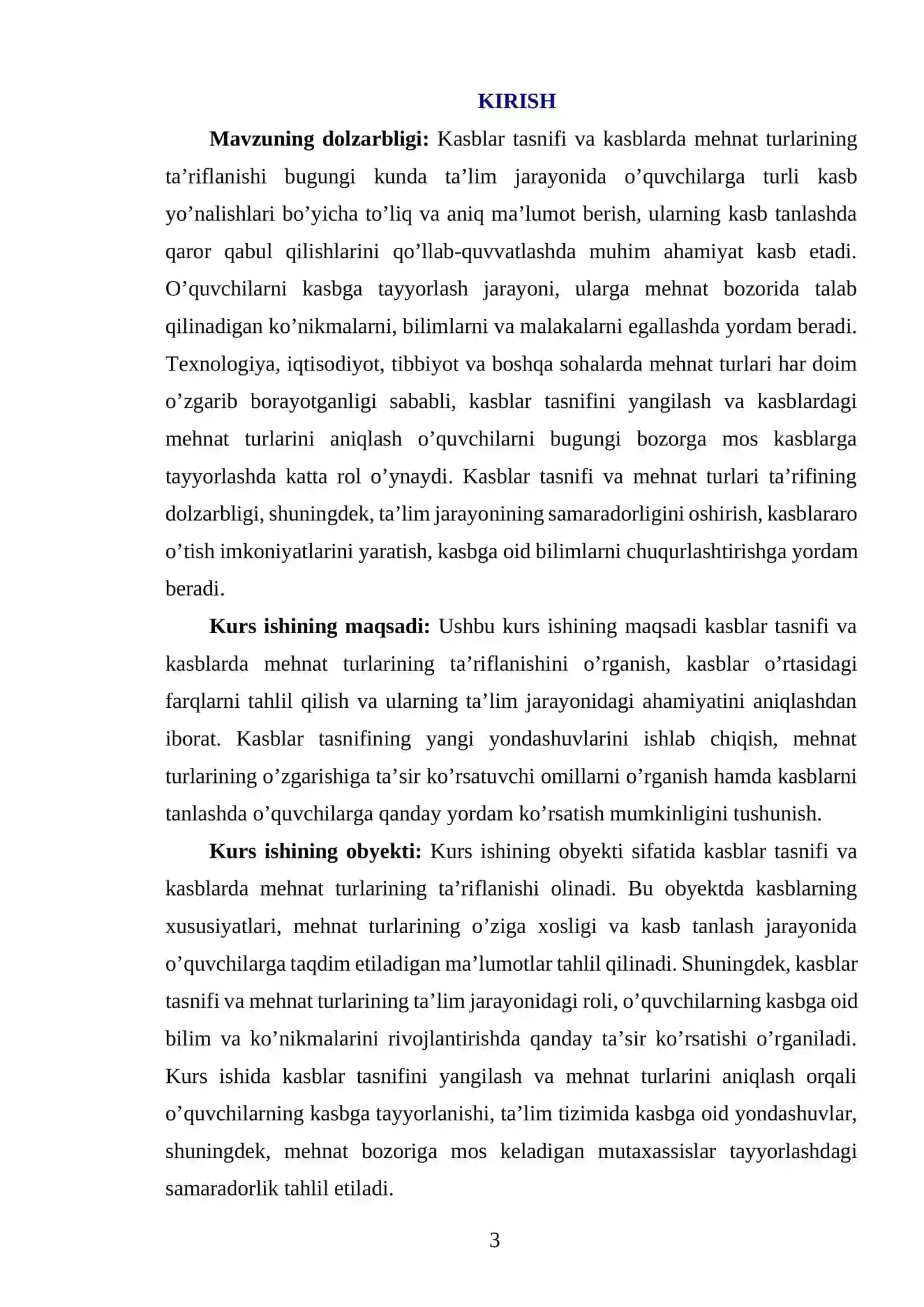 KASBLARTASNIFI, KASBLARDA MEHNAT TURLARINING TAʼRIFI 3