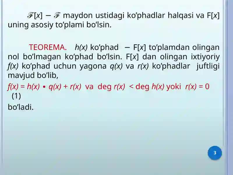 Qoldiqli bo’lish haqidagi teorema 3