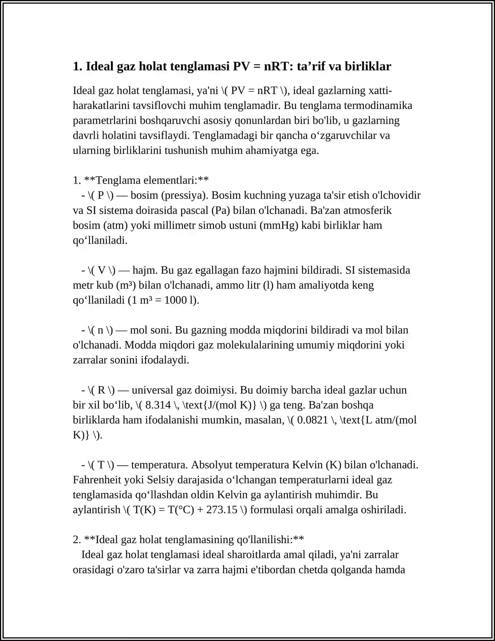 TERMODINAMIKA PARAMETRLAR IDEAL GAZ IDEAL GAZ HOLAT TENGLAMASI 3
