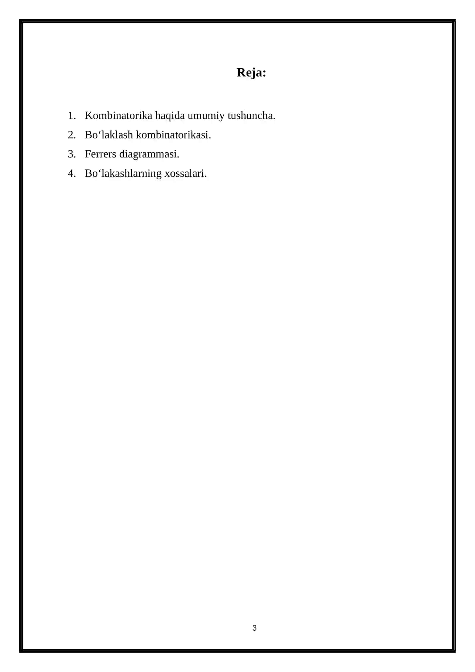 BO‘LAKLASHLAR KOMBINATORIKASI KURS ISHI 3